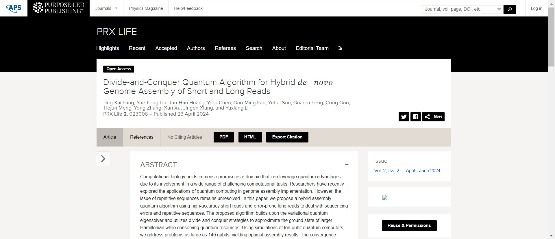 SpinQ quantum algorithm for hybrid de novo genome assembly of short and long reads, published in PRX Life